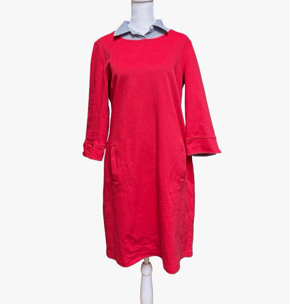 Talbots Red Shift Dress Blue/White Striped Collar Pockets Zip 3/4 Sleeve M